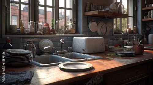 AI-rendered portrayal of unwashed dishes towered in the sink, waiting for washingin this neural-captured scene