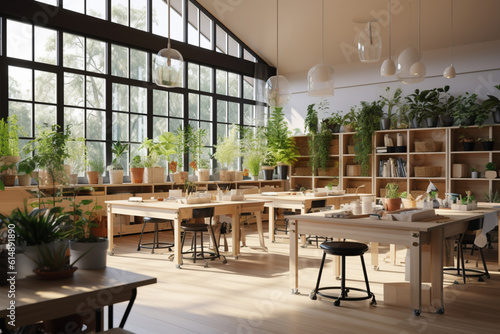 Nature-inspired school classroom with plants, natural lighting, and eco-friendly materials. Generative AI