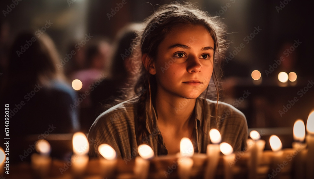 One young woman meditating, holding candle, enjoying serene solitude generated by AI One young woman meditating, holding candle, enjoying serene solitude generated by AI