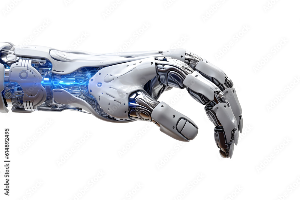 A cyborg hand, a robot hand isolated on transparent background. Generative AI machine learning and big data connection network in the intersection of science, innovation, and futuristic possibilities. A cyborg hand, a robot hand isolated on transparent background. Generative AI machine learning and big data connection network in the intersection of science, innovation, and futuristic possibilities.