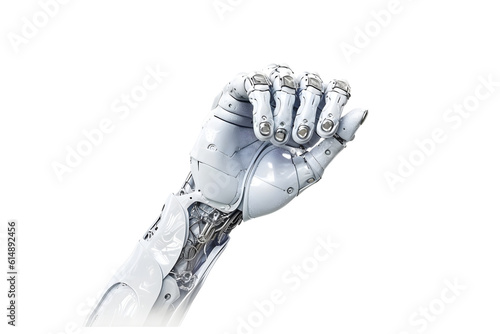 A cyborg hand, a robot hand isolated on transparent background. Generative AI machine learning and big data connection network in the intersection of science, innovation, and futuristic possibilities.