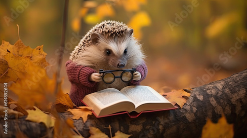 hedgehog reading a book with glasses in autumn.