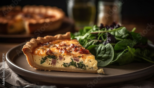 Freshly baked quiche with organic vegetables, a gourmet delight generated by AI
