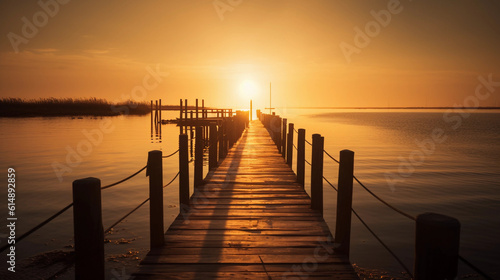 An pier stretching into the horizon  illuminated by golden sunlight