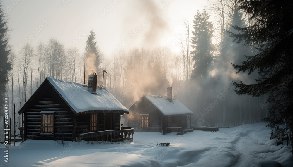 The old hut chimney smoked in the snowy forest night generated by AI The old hut chimney smoked in the snowy forest night generated by AI