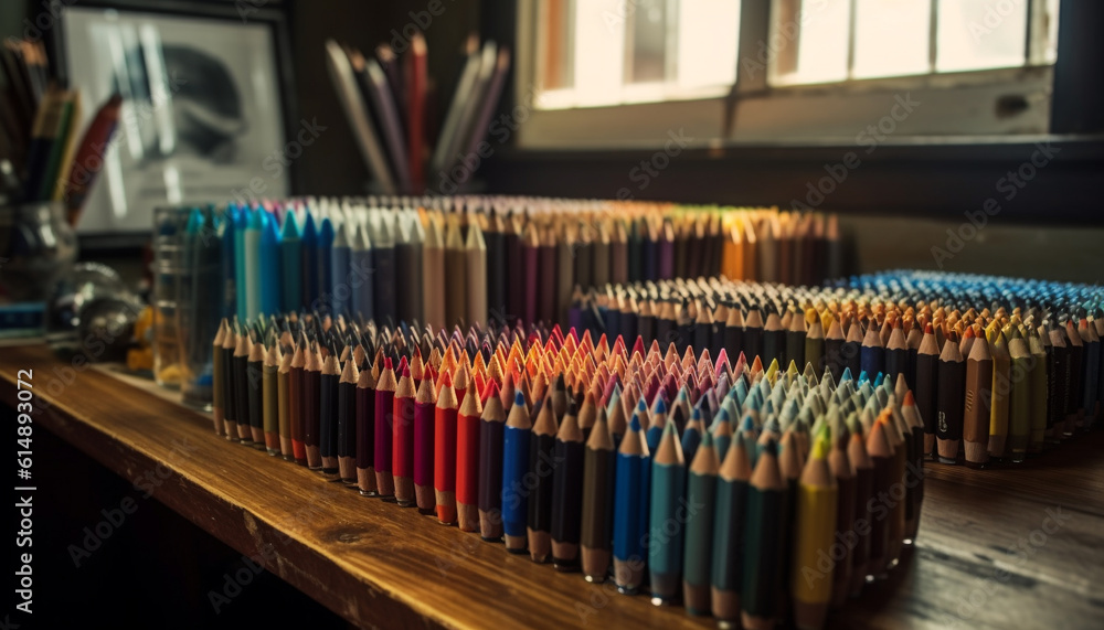 A colorful stack of old pencils on a wooden desk generated by AI