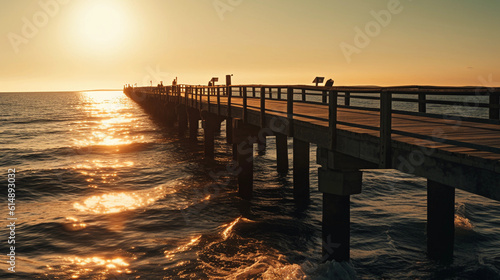An pier stretching into the horizon  illuminated by golden sunlight