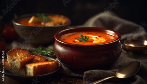 Rustic pumpkin soup with fresh bread and herb butter spread generated by AI photo