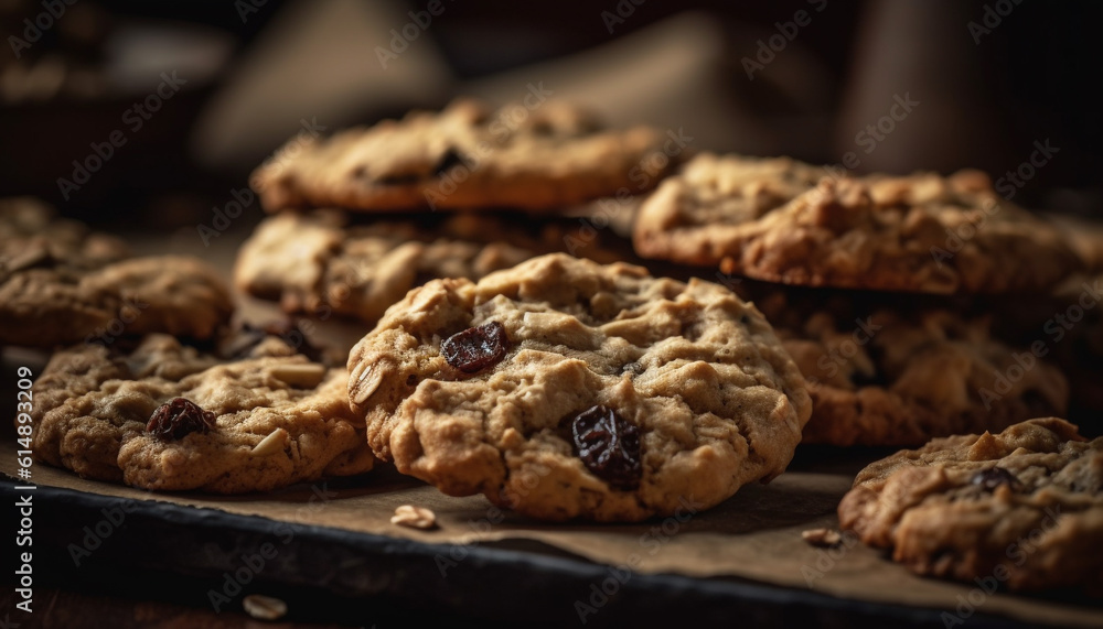 A tempting heap of homemade chocolate chip cookies on wood generated by AI A tempting heap of homemade chocolate chip cookies on wood generated by AI