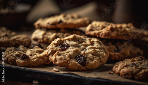 A tempting heap of homemade chocolate chip cookies on wood generated by AI