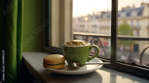 A Table in a Cafe Overlooking the City, a Cup of Coffee, a Cake, a Green Background, Generative AI