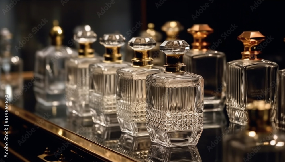 A luxurious collection of alcohol bottles in a shiny bar generated by AI A luxurious collection of alcohol bottles in a shiny bar generated by AI