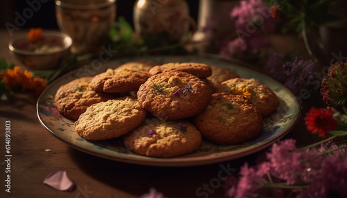 Homemade chocolate chip cookie stack on rustic wooden plate generated by AI