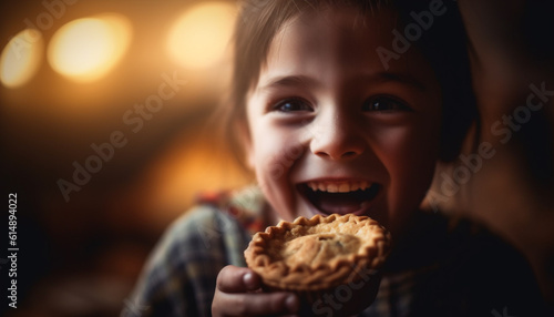 The cute girl holding a cookie is smiling with joy generated by AI