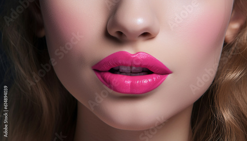 Beautiful young woman exudes sensuality with shiny pink lipstick generated by AI