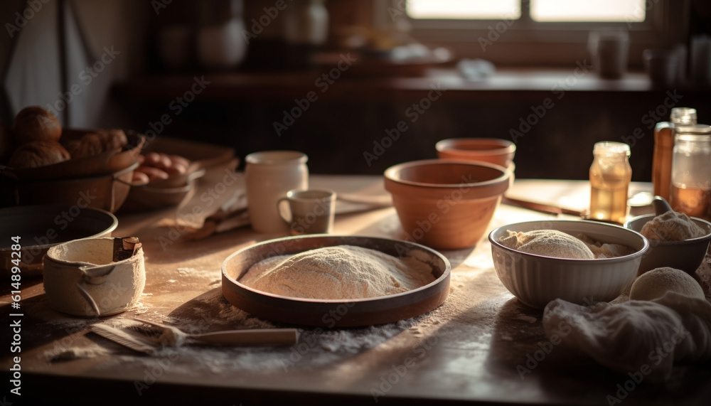 Fototapeta premium Freshly baked bread on rustic wooden table, homemade with love generated by AI