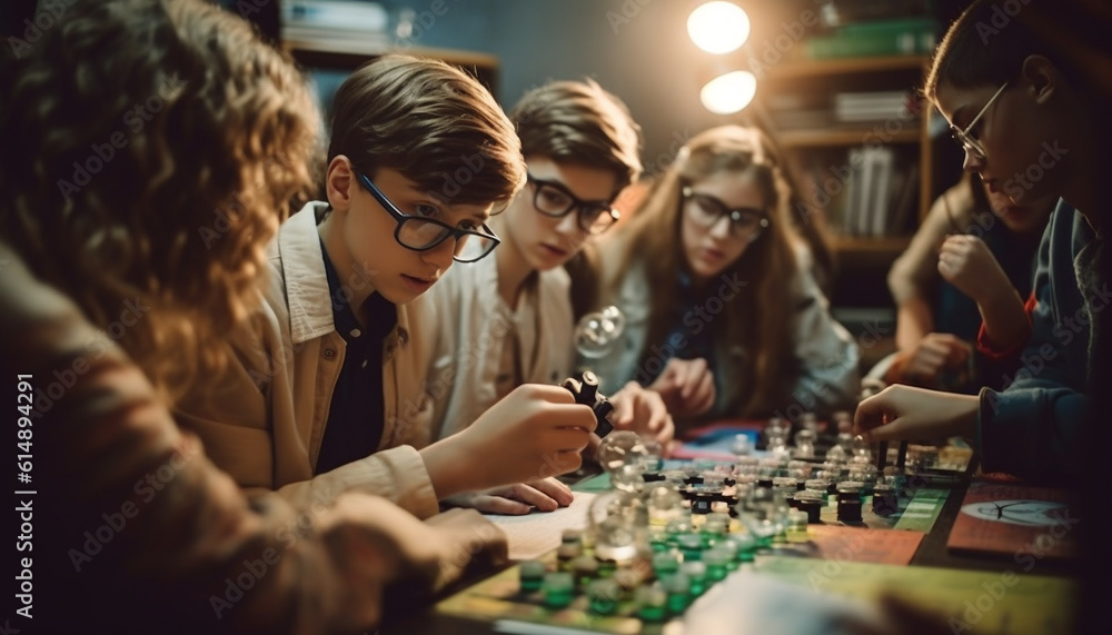 Fototapeta premium A group of young adults sitting at a table playing games generated by AI