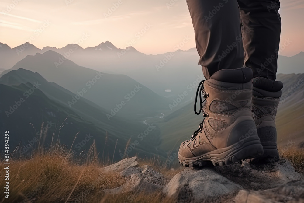 Travelers boots in the mountains. amazing panoramic landscape Mountain View, generative AI Travelers boots in the mountains. amazing panoramic landscape Mountain View, generative AI