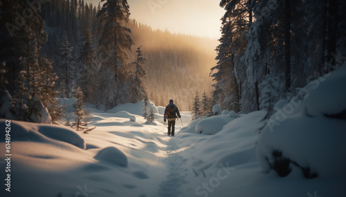 One person hiking through tranquil winter forest, enjoying solitude generated by AI