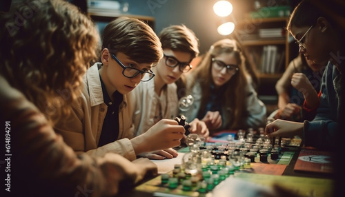 A group of young adults sitting at a table playing games generated by AI