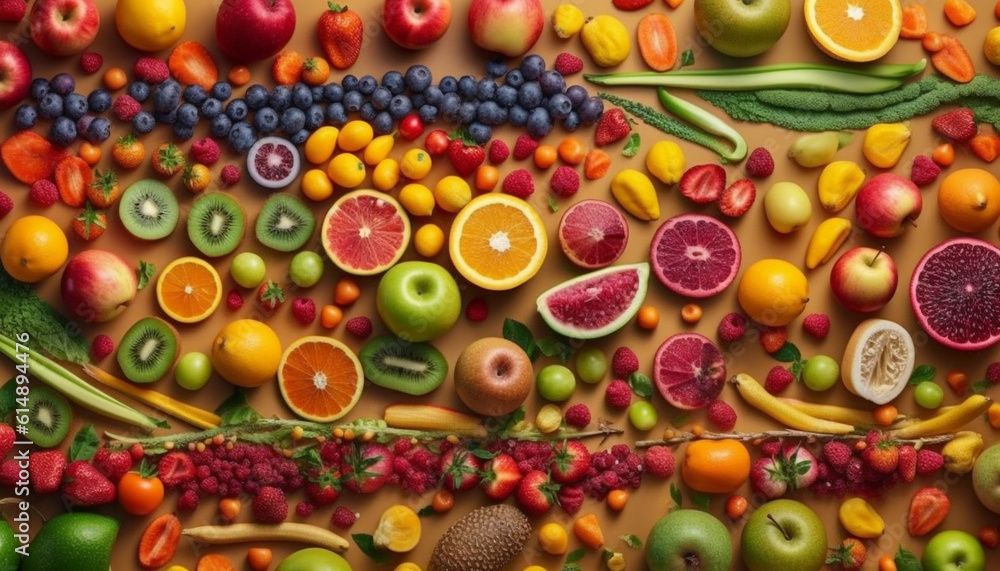 Vibrant collection of healthy fruits and vegetables for nutritious meal generated by AI