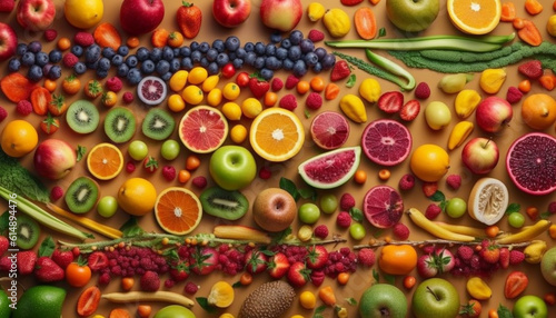 Vibrant collection of healthy fruits and vegetables for nutritious meal generated by AI