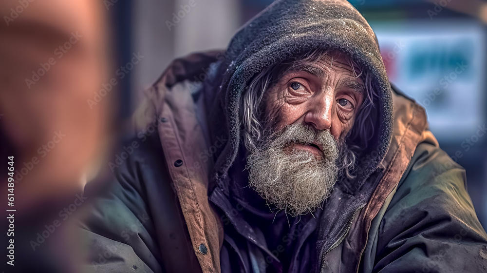sad homeless man on the street of a city, made with Generative AI sad homeless man on the street of a city, made with Generative AI