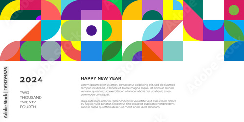 Abstract geometric bauhaus shapes combination 2024 Happy New Year horizontal banner. Graphic retro style celebration decoration poster. Modern trendy artwork. Colored vintage simple vector eps print
