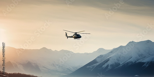 rescue helicopter flying in the sky above the high mountain range, rescue operation in the mountains, generative AI