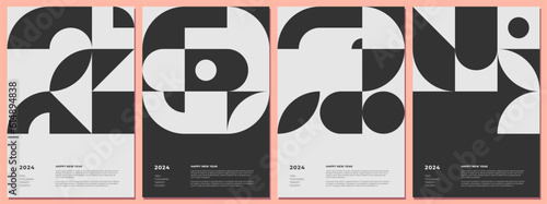 Abstract bauhaus style combination number 2024 Happy New Year horizontal poster set. Geometric shapes celebration decoration placard collection. Modern trendy artwork. Retro black simple vector prints