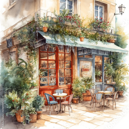 watercolor painting french cozy caf   store front isolated on a white background made with AI generative technology