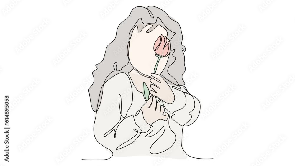 Animated self drawing of single continuous line draw for a woman is holding a beautiful flower on a white background. flower design in simple linear style. Plant design concept . full length animation Animated self drawing of single continuous line draw for a woman is holding a beautiful flower on a white background. flower design in simple linear style. Plant design concept . full length animation