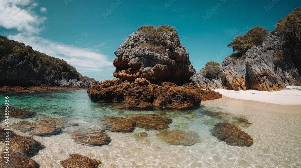 A beach section with a picturesque rock formation jutting out of the clear water