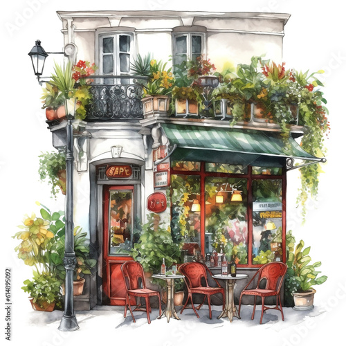 watercolor painting french cozy caf   store front isolated on a white background made with AI generative technology