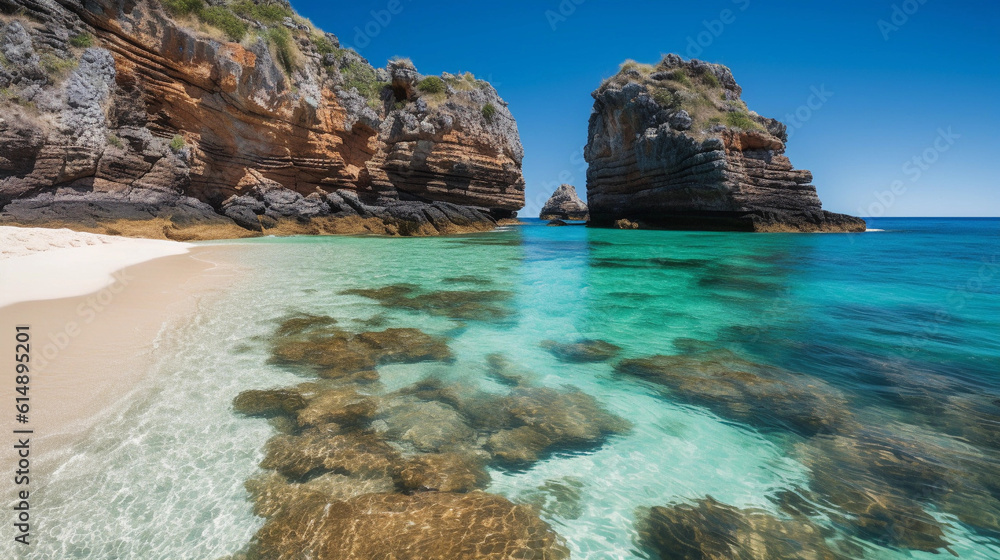 A beach section with a picturesque rock formation jutting out of the clear water
