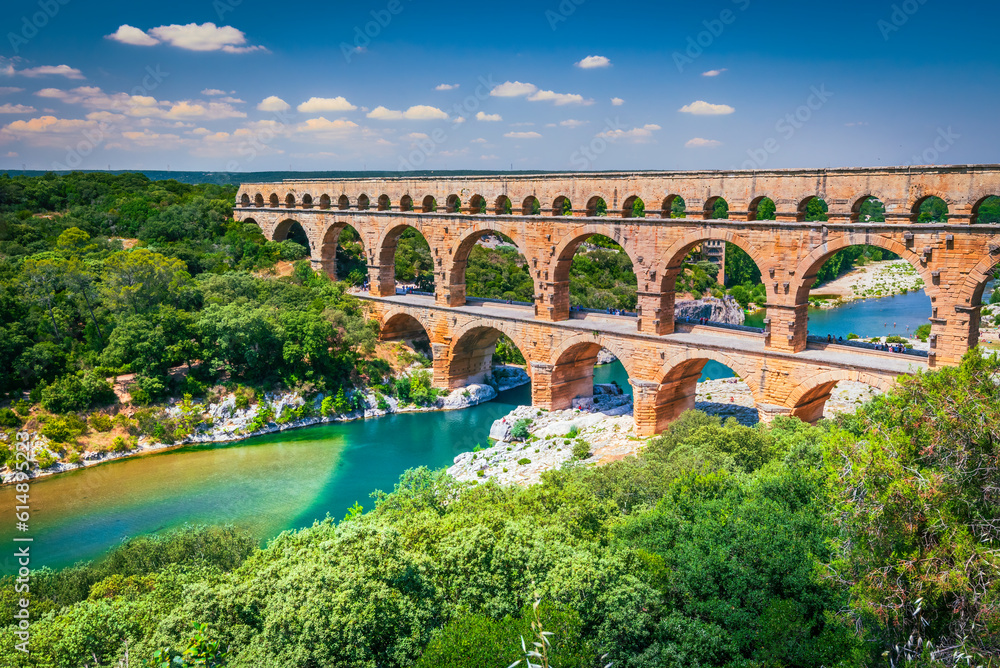 Pont du Gard, France. Ancient three-tiered aqueduct, built in Roman Empire times on the river Gardon, Provence.