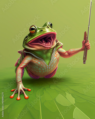 Unrealistic Frog holding a pointer or stick with an open mouth. Generative AI illustration