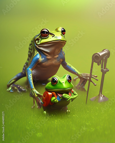 Unrealistic mother frog with son. Generative AI illustration