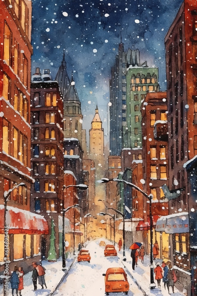 Watercolor of a city snowfall. AI generated