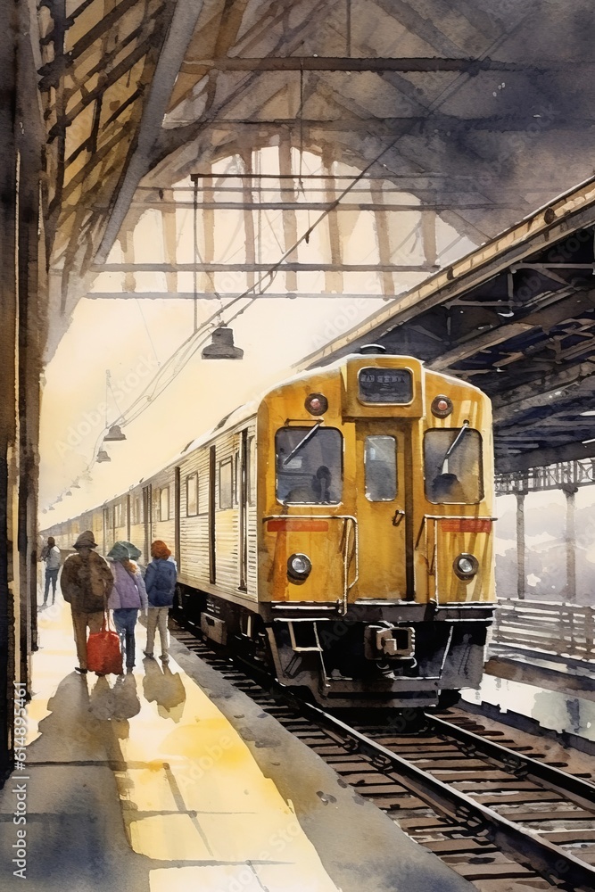 Watercolor of a city train station. AI generated
