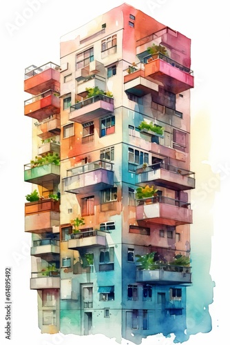 Watercolor of a colorful city apartment block. AI generated