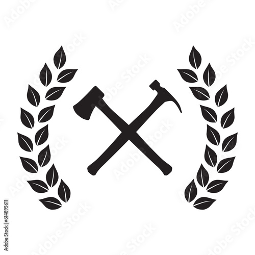axe and hammer inside laurel leaves frame