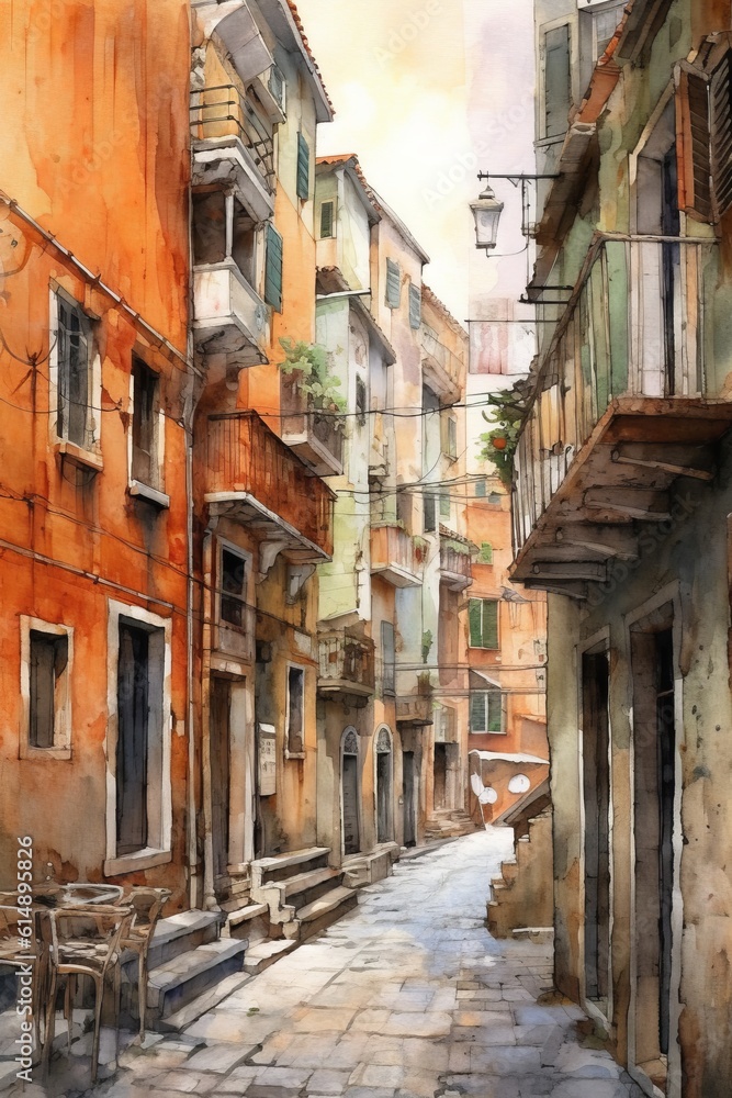 Watercolor illustration of a quiet street in the cit. AI generated