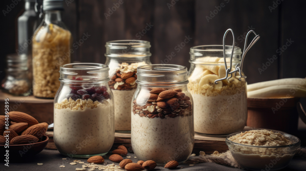 Almond banana smoothie with oat flakes in glass jars at white table.. Generative AI Almond banana smoothie with oat flakes in glass jars at white table.. Generative AI