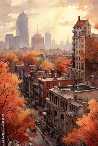 Luscious watercolor of a city in autumn. AI generated