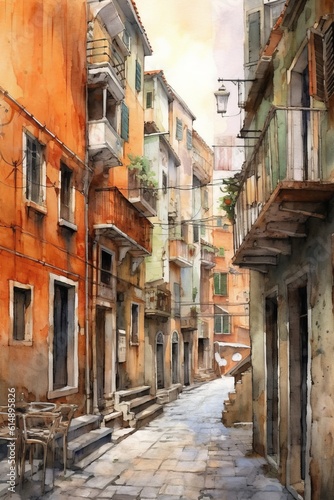 Watercolor illustration of a quiet street in the cit. AI generated