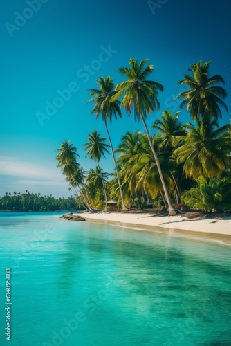 A tropical island paradise with palm trees and a bea. AI generated © Olive Studio