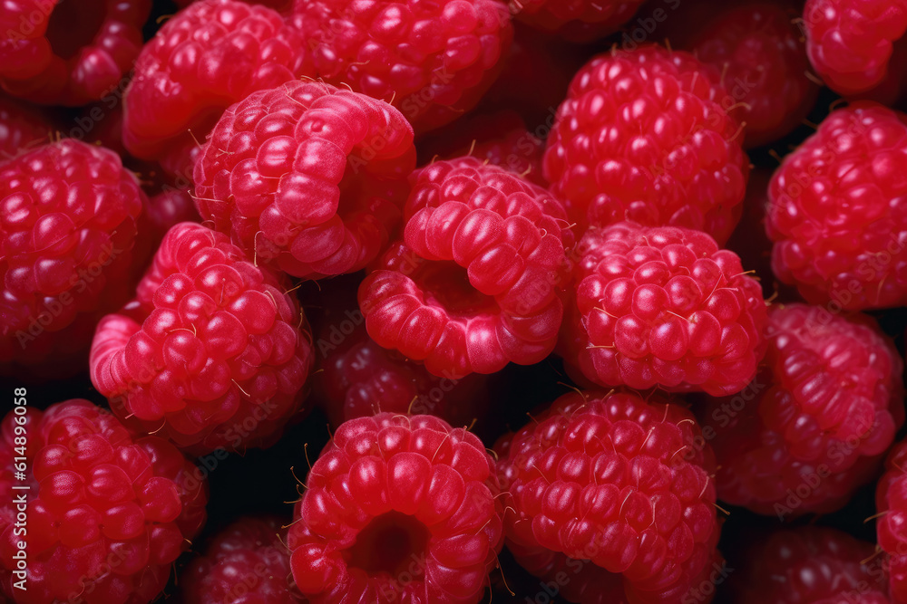 A close-up shot captures the vibrant and detailed texture of raspberries, filling the frame. Generative Ai, Ai. A close-up shot captures the vibrant and detailed texture of raspberries, filling the frame. Generative Ai, Ai.