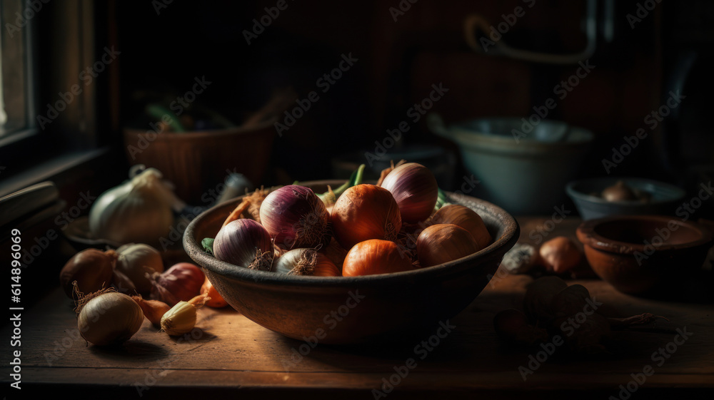 Obraz premium a bowl of onions and some other vegetables on a table. Generative AI