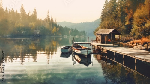 Foto A calm lake with a dock and boats. AI generated
